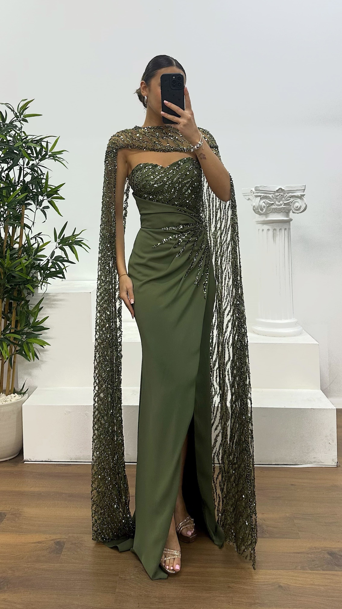 Strapless Embroidered Cape Evening Dress