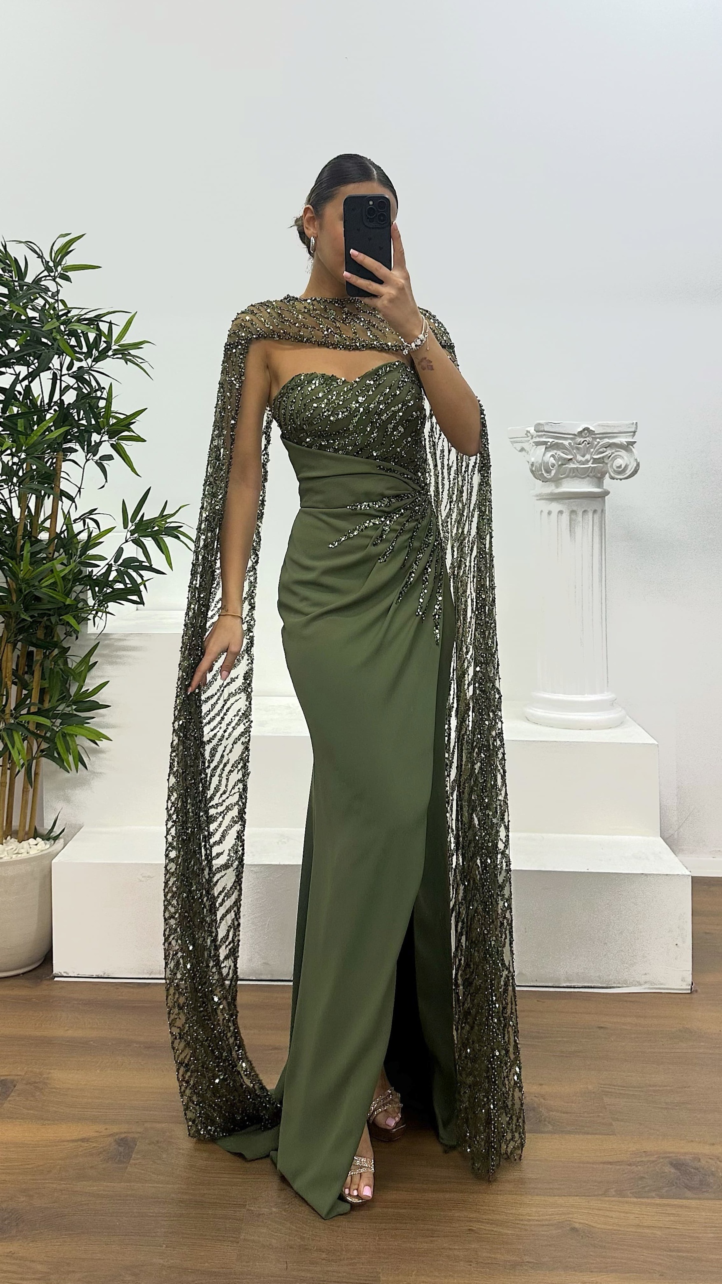 Strapless Embroidered Cape Evening Dress