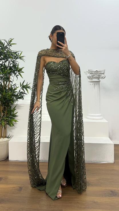Strapless Embroidered Cape Evening Dress