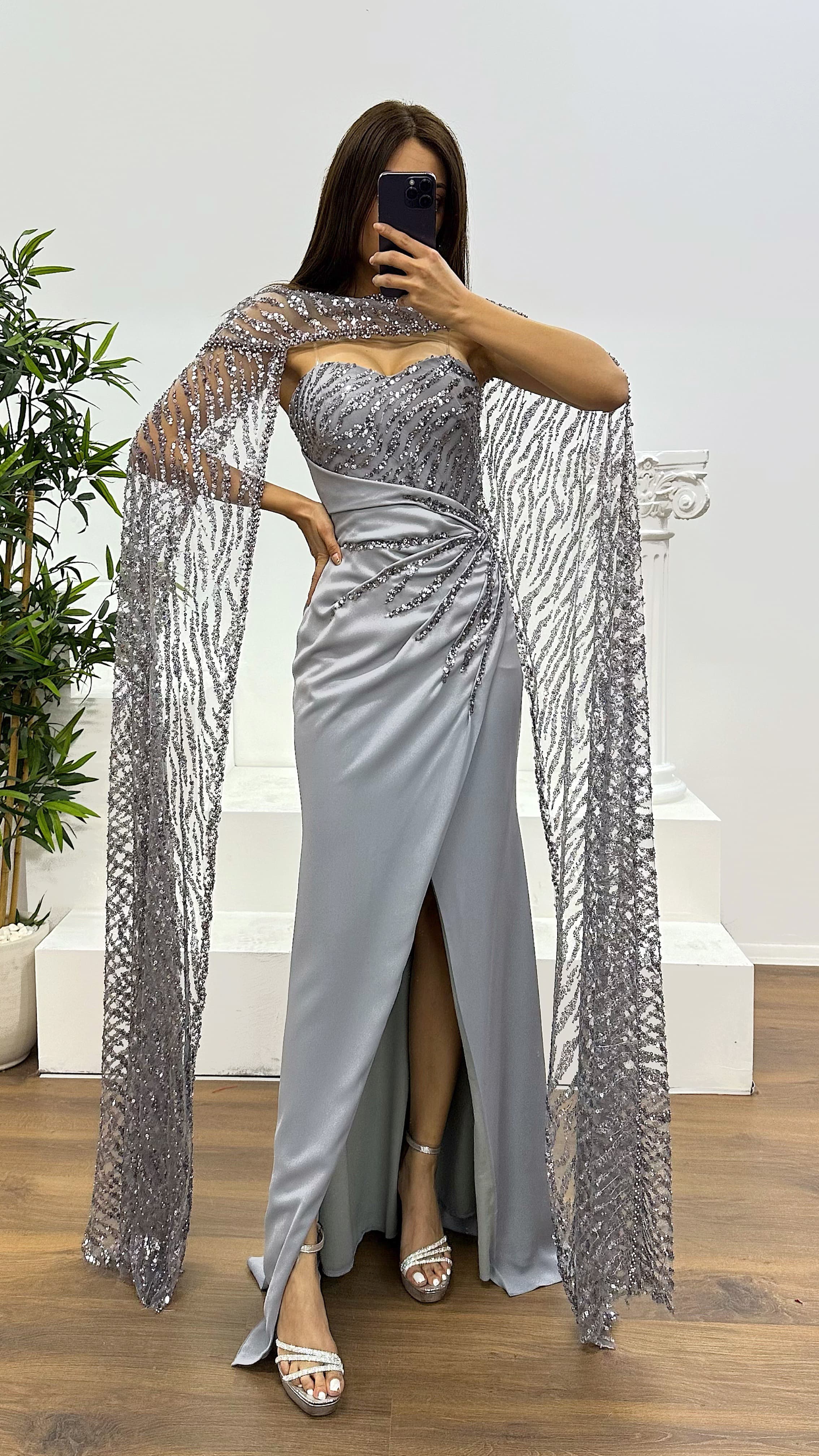 Strapless Embroidered Cape Evening Dress
