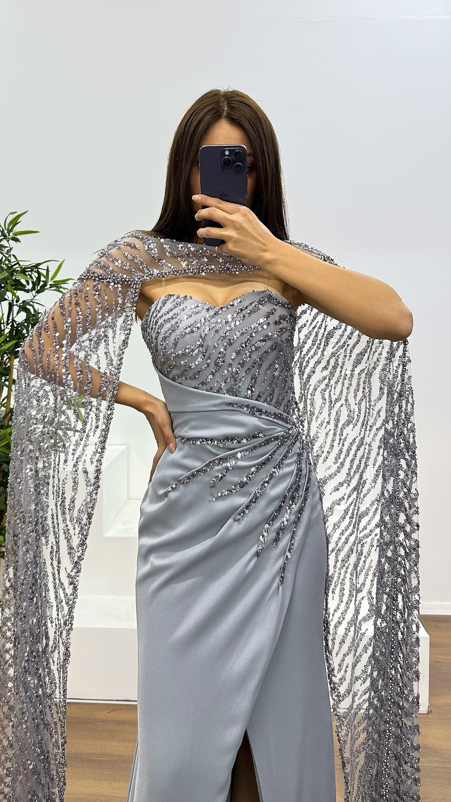 Strapless Embroidered Cape Evening Dress