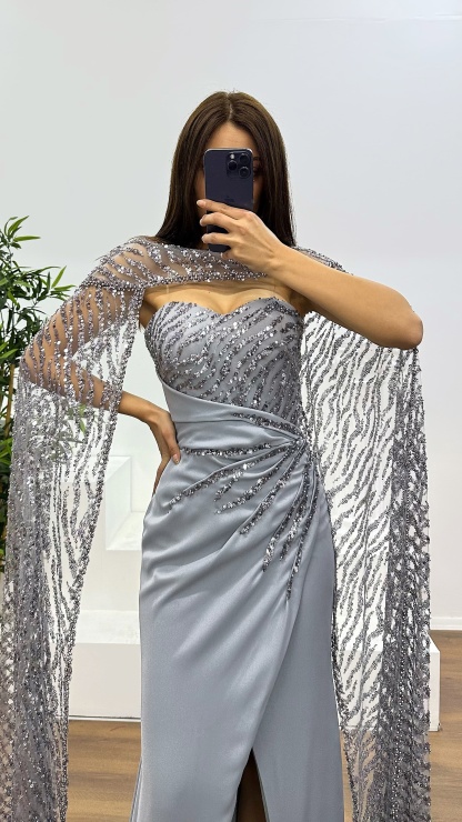 Strapless Embroidered Cape Evening Dress