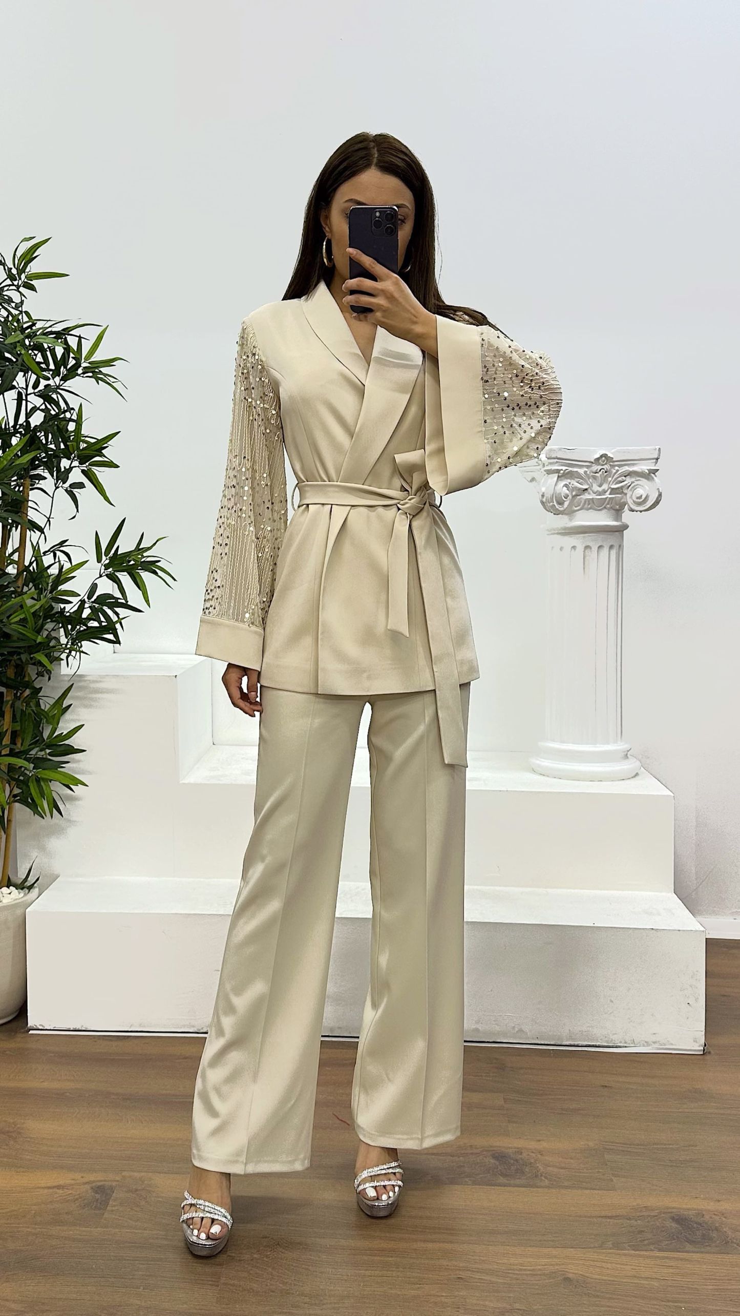 Beige Tulle Sleeves Trouser Jacket Set