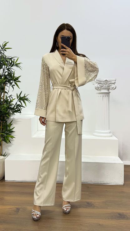 Beige Tulle Sleeves Trouser Jacket Set