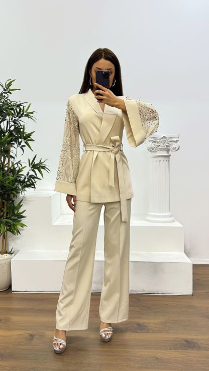 Beige Tulle Sleeves Trouser Jacket Set