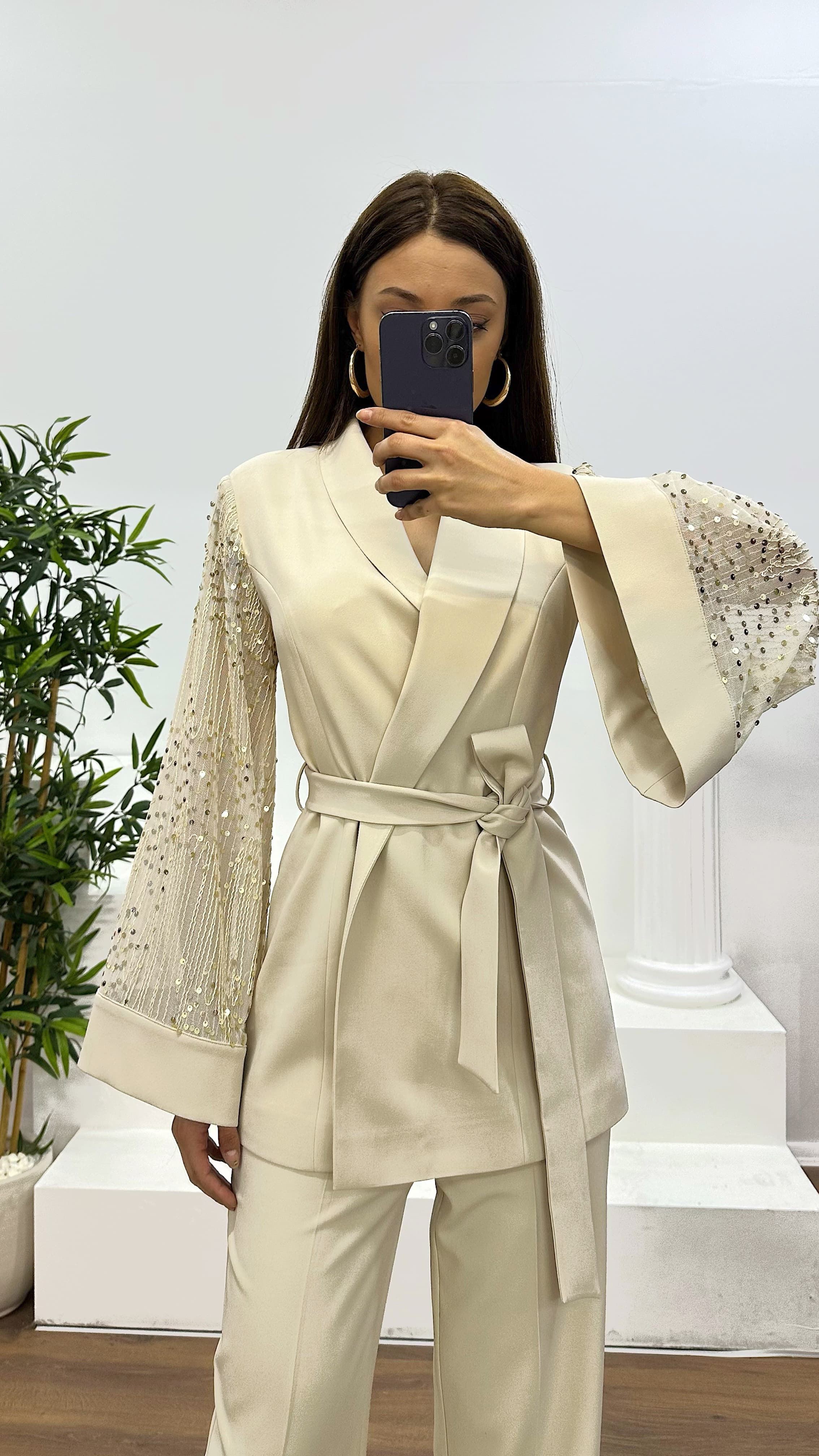 Beige Tulle Sleeves Trouser Jacket Set