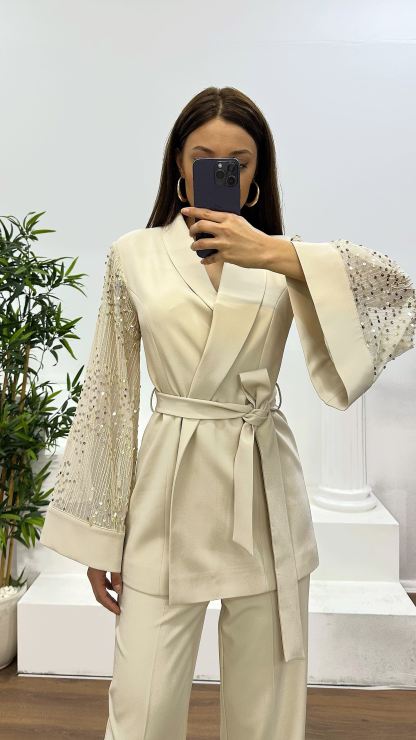 Beige Tulle Sleeves Trouser Jacket Set