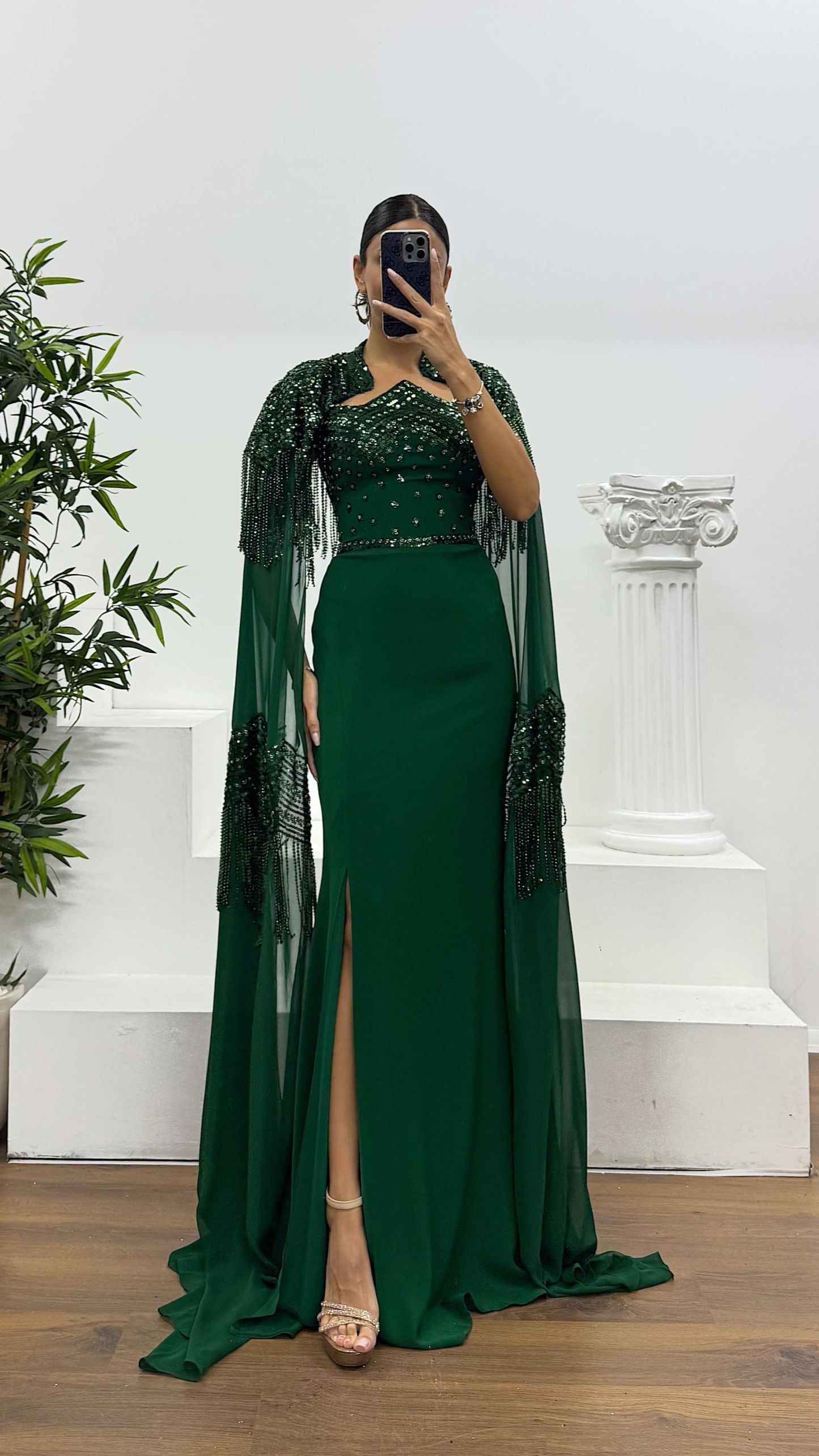 Emerald Strapless Cape Evening Dress