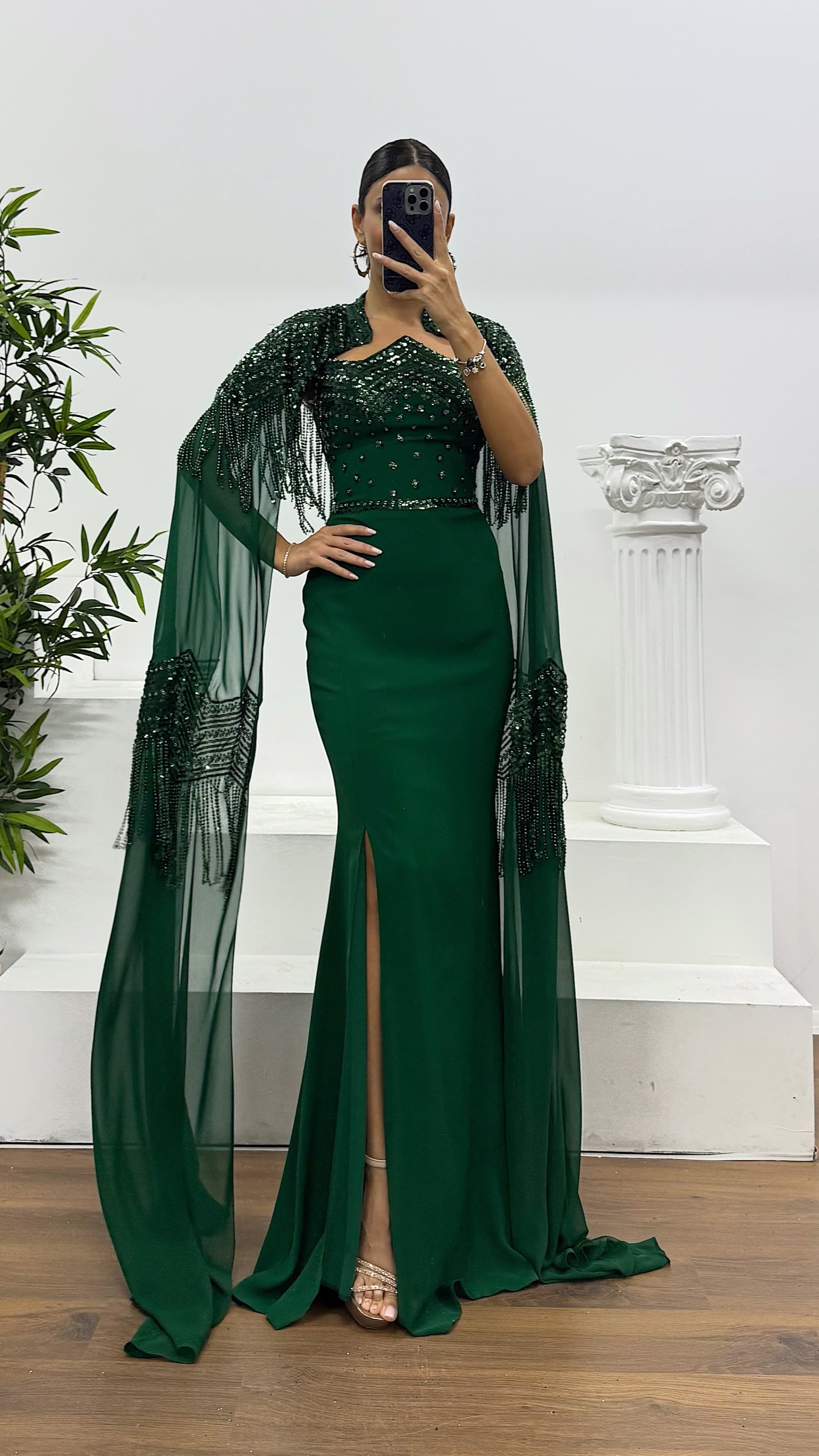 Emerald Strapless Cape Evening Dress