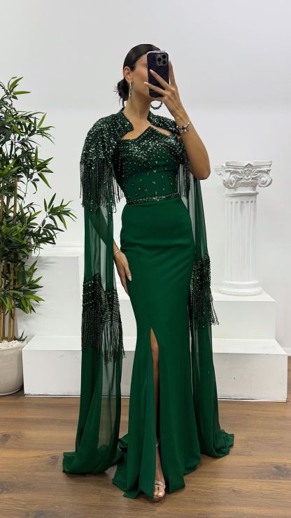 Emerald Strapless Cape Evening Dress