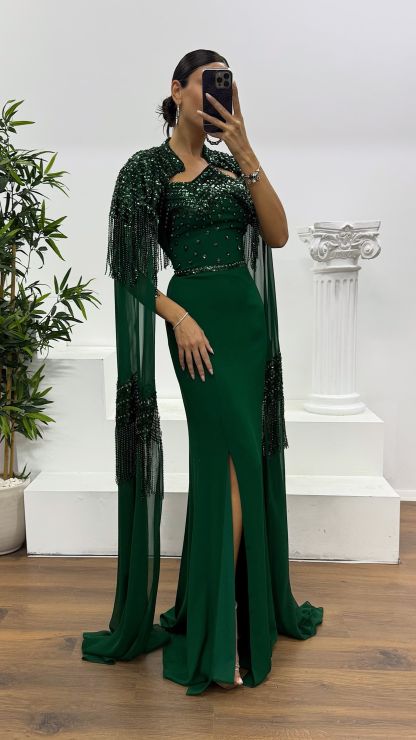 Emerald Strapless Cape Evening Dress
