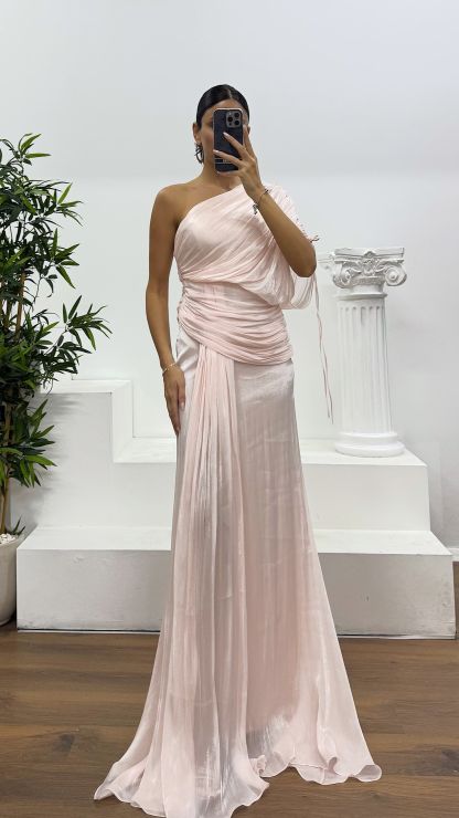 One Shoulder Chiffon Evening Dress