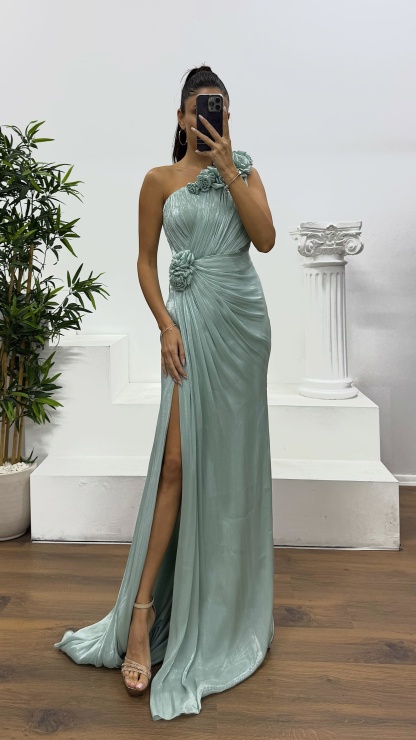 One-Shoulder Floral Detail Evening Dress