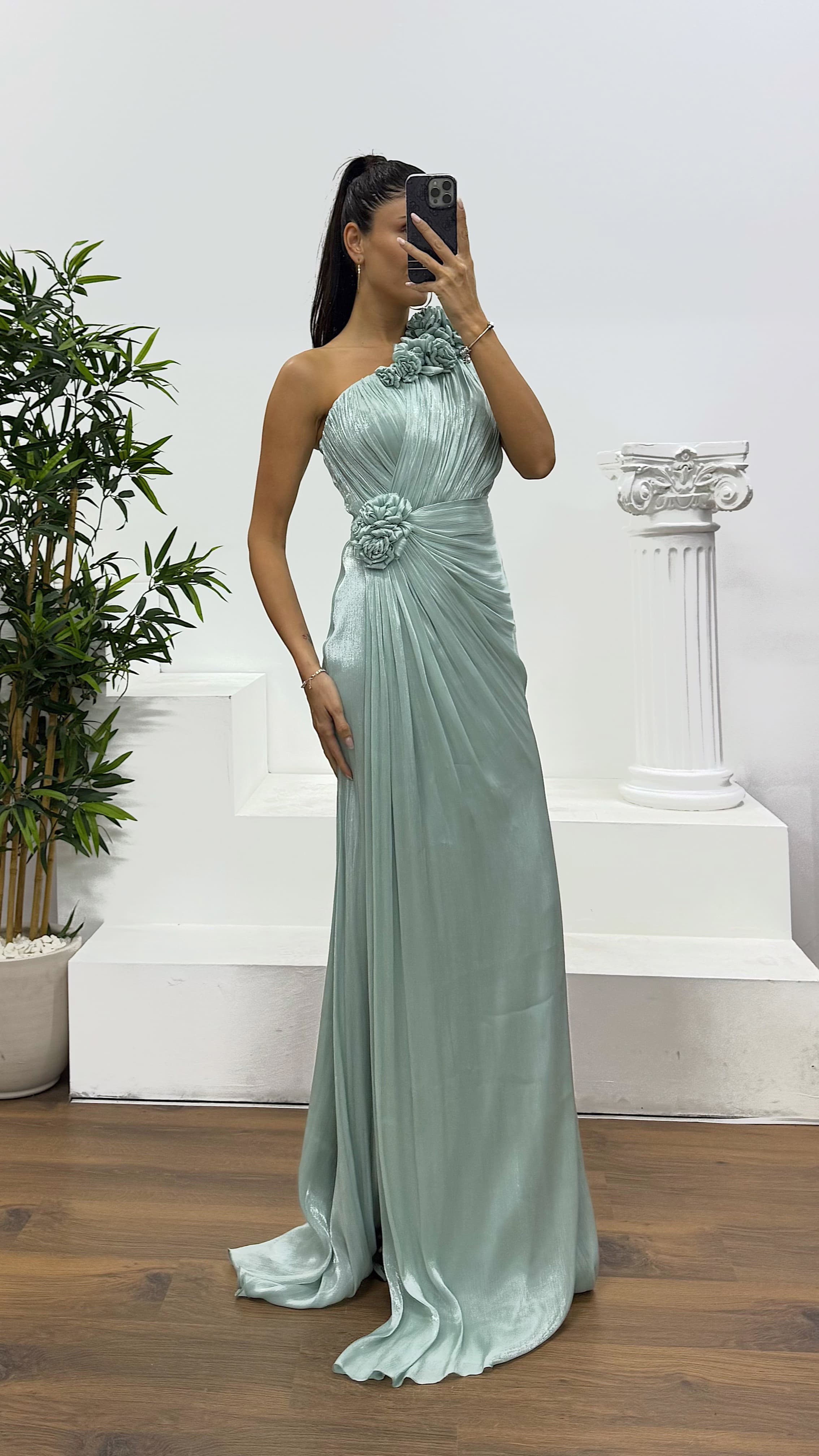 One-Shoulder Floral Detail Evening Dress