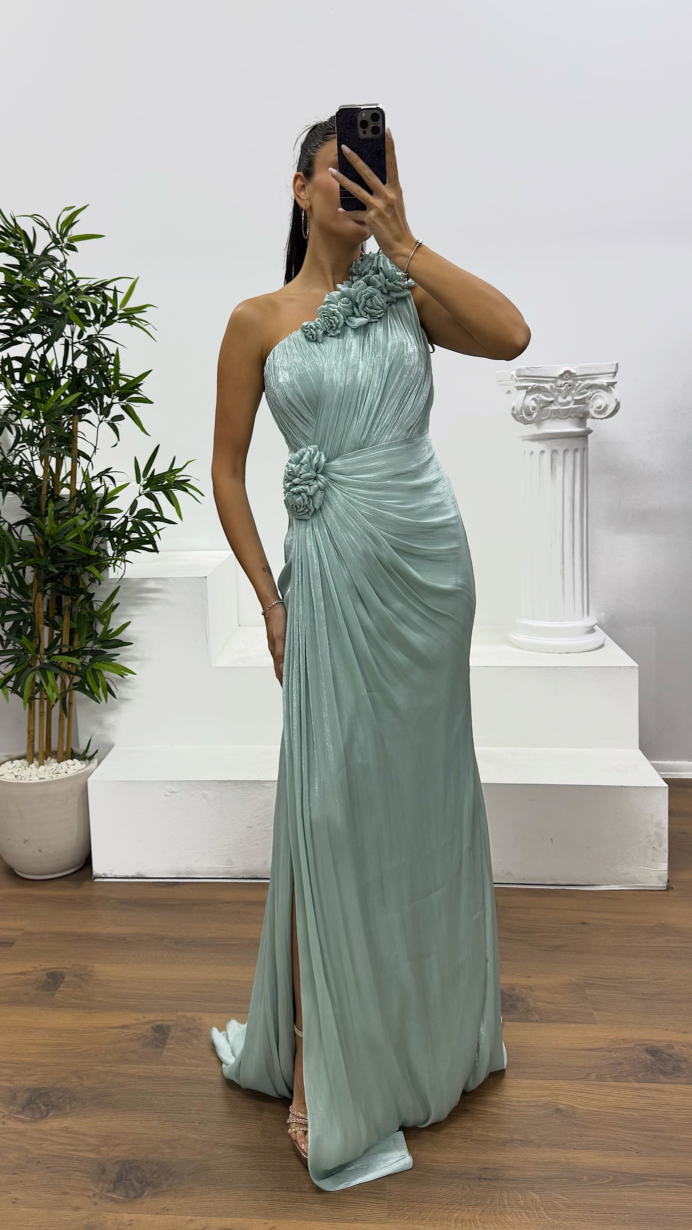 One-Shoulder Floral Detail Evening Dress