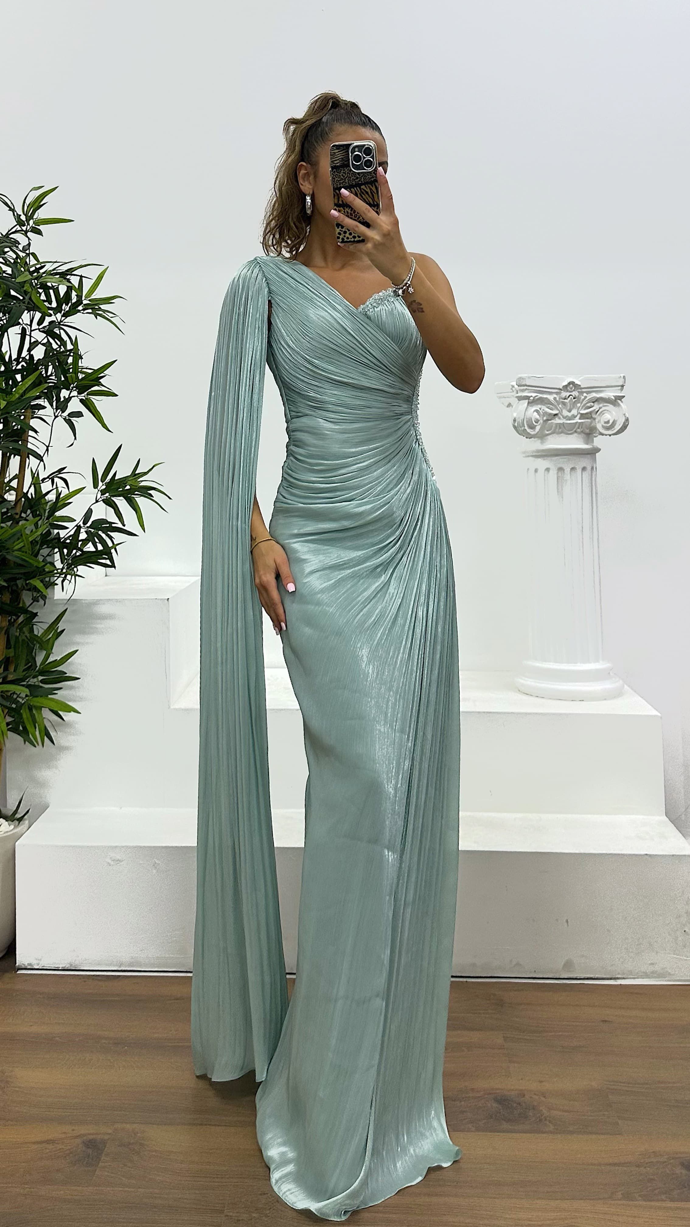 Single Sleeve Waist Detail Evening Dress