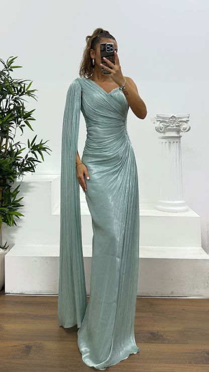Single Sleeve Waist Detail Evening Dress
