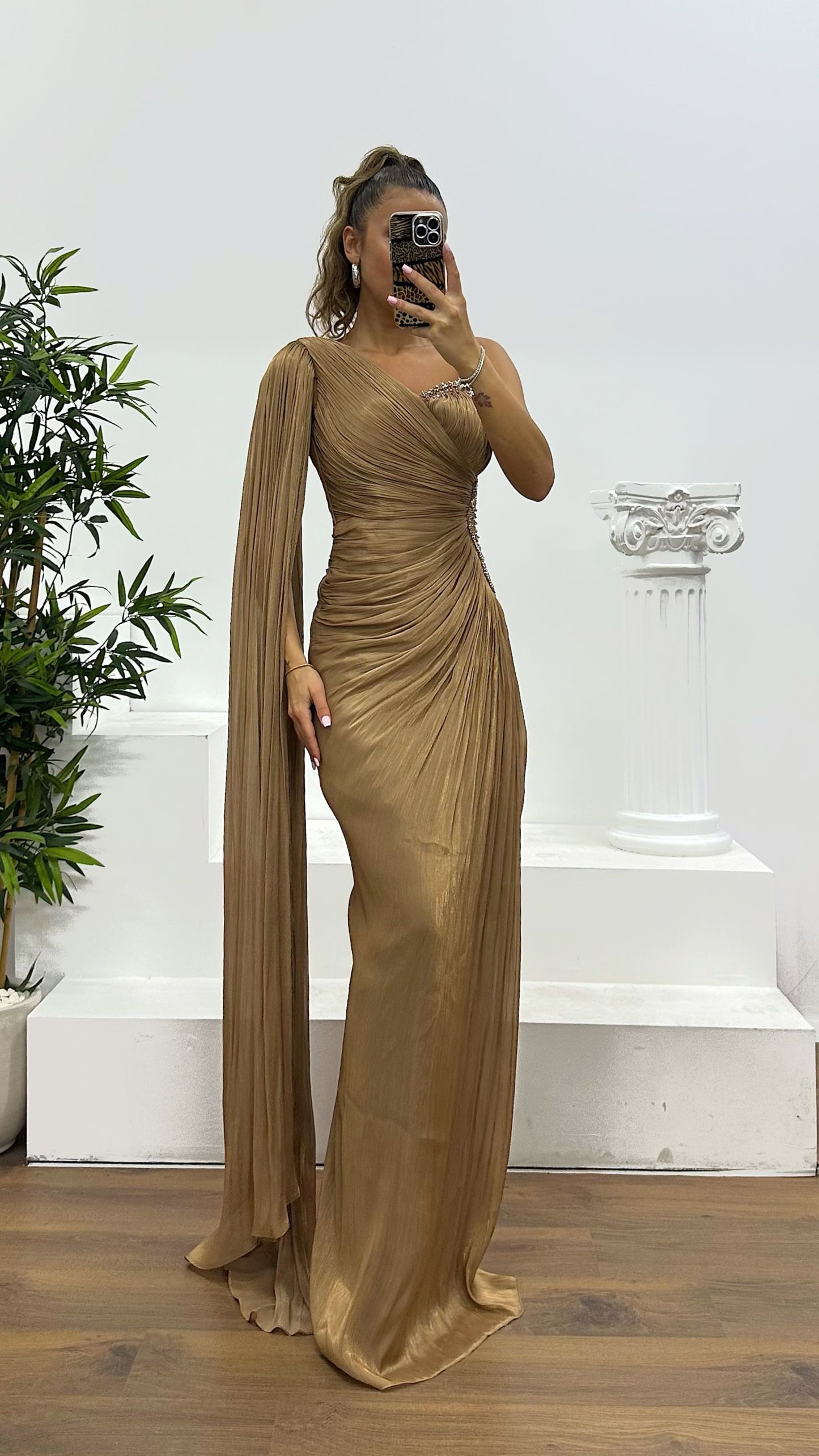 Single Sleeve Waist Detail Evening Dress