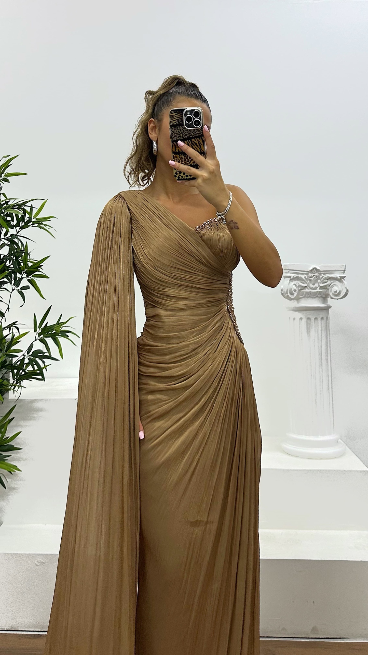 Single Sleeve Waist Detail Evening Dress