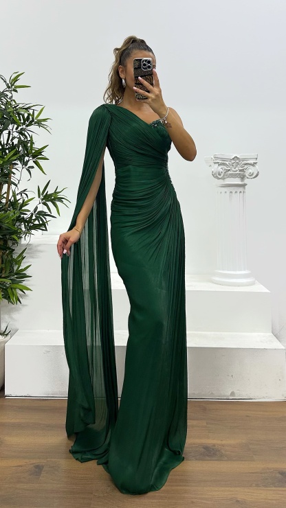 Single Sleeve Waist Detail Evening Dress