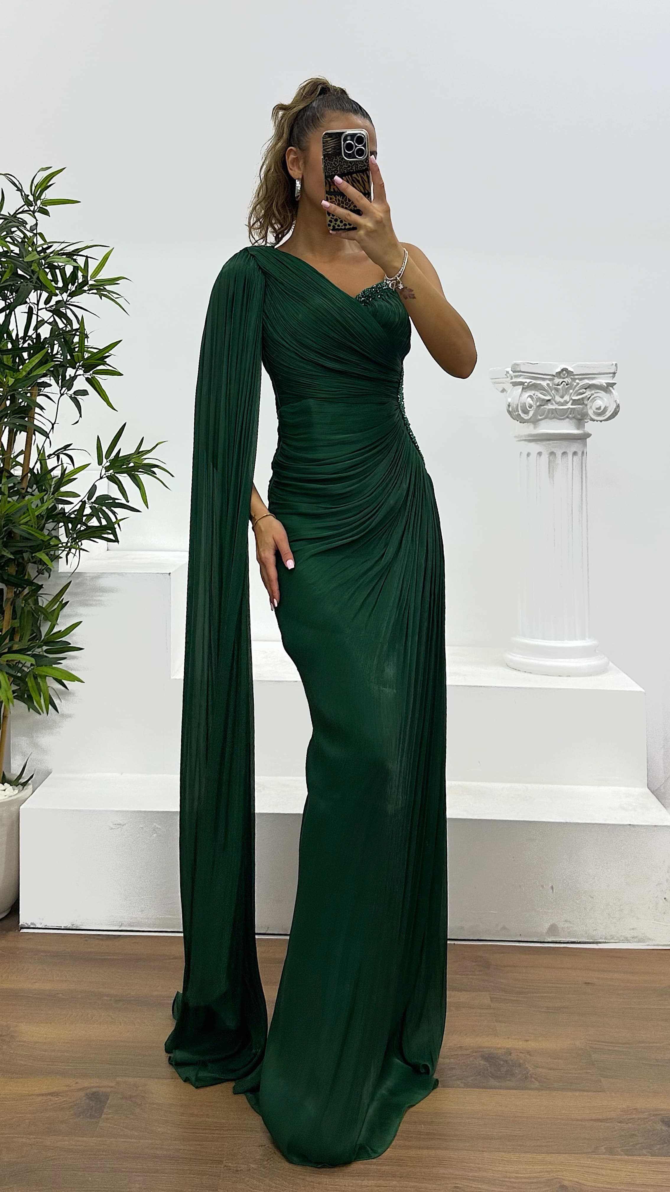 Single Sleeve Waist Detail Evening Dress