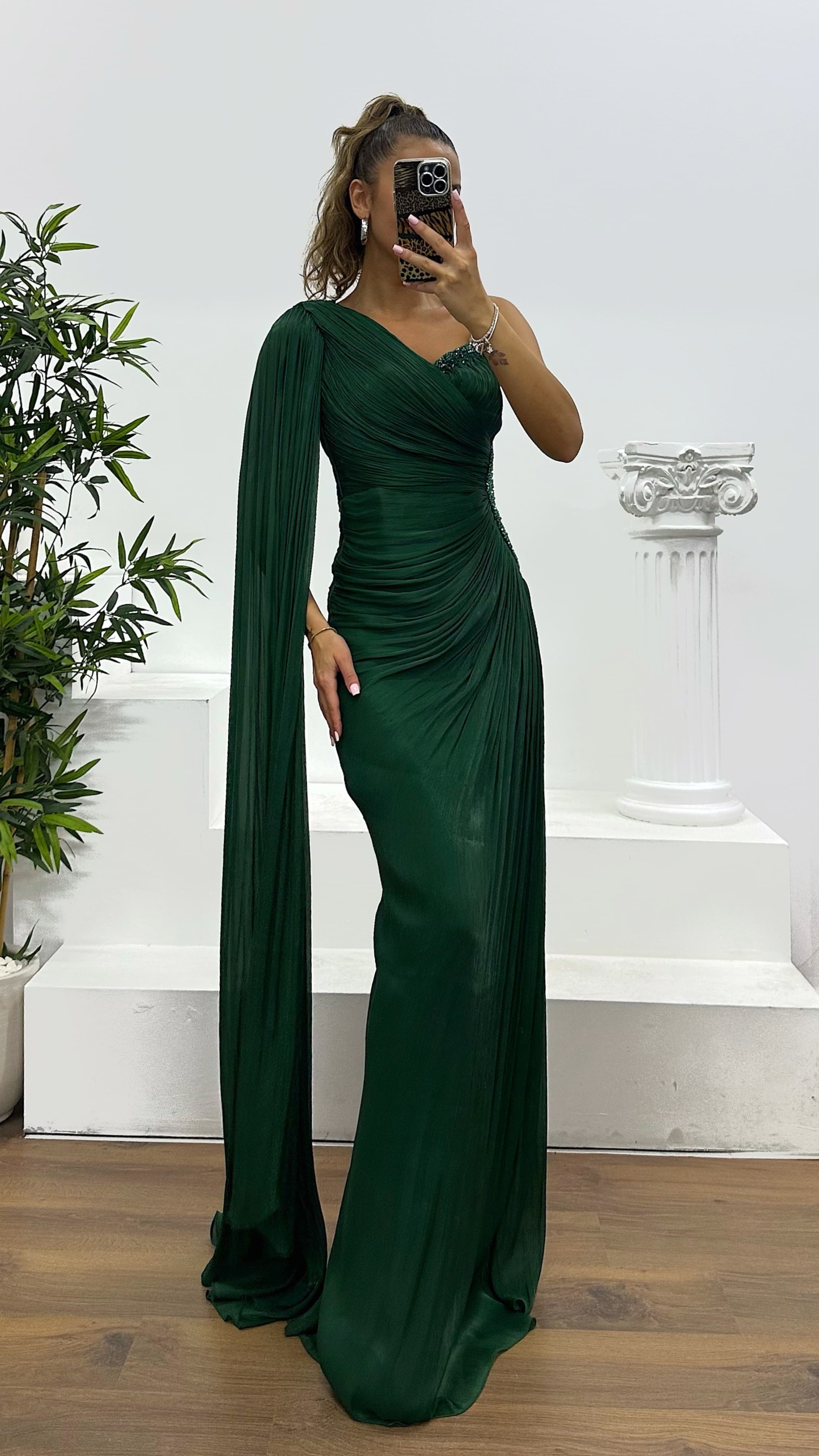 Single Sleeve Waist Detail Evening Dress
