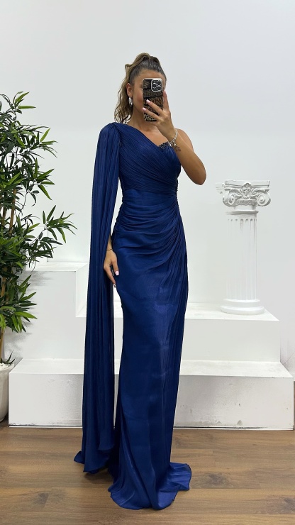 Single Sleeve Waist Detail Evening Dress