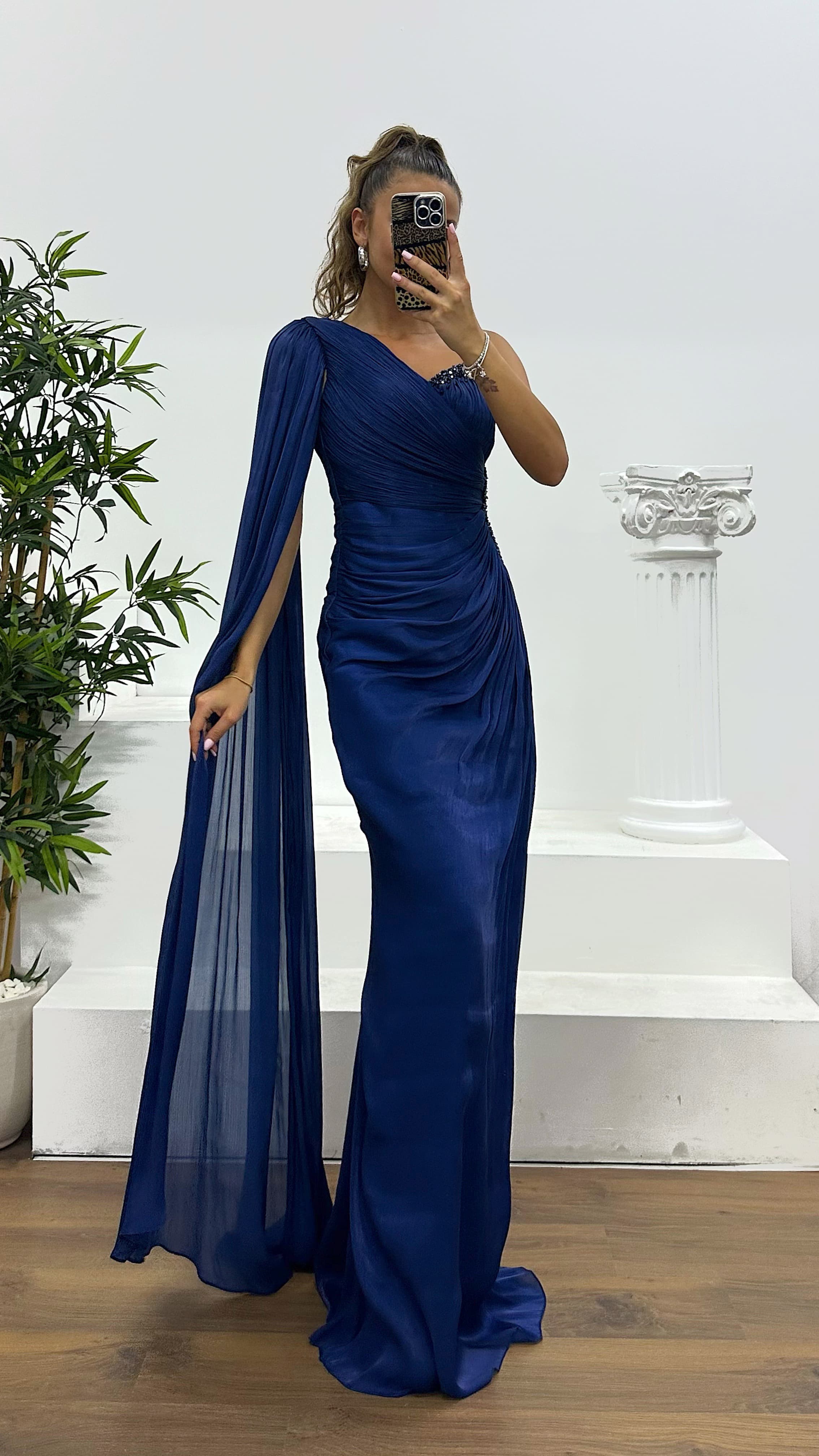 Single Sleeve Waist Detail Evening Dress