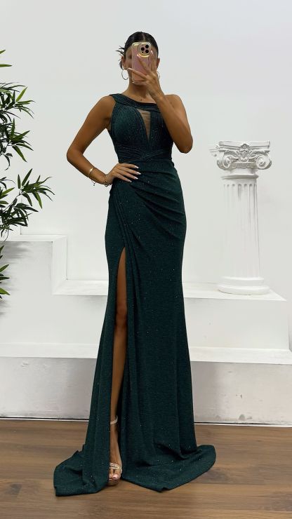 Emerald One Shoulder Evening Dress