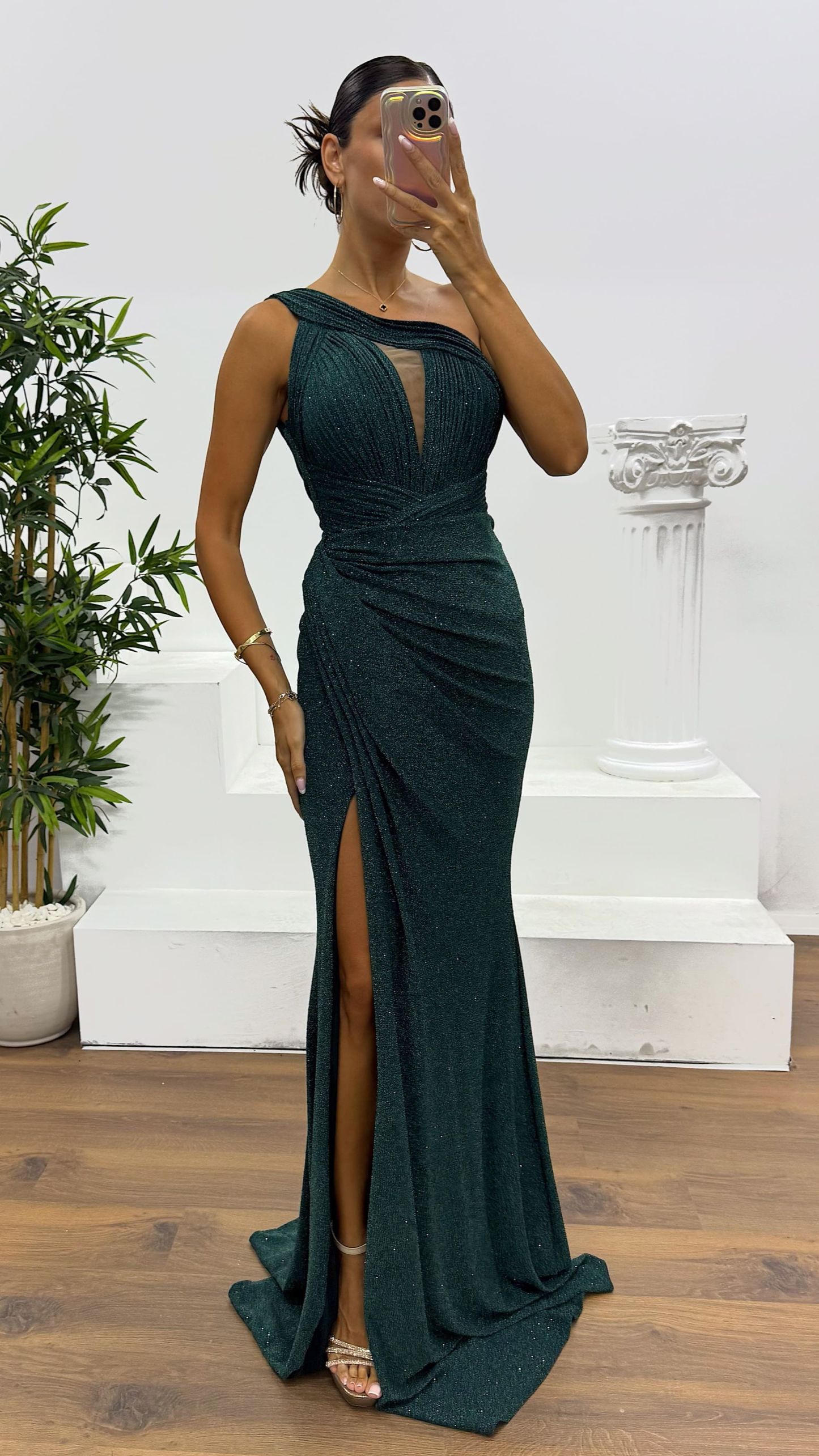 Emerald One Shoulder Evening Dress