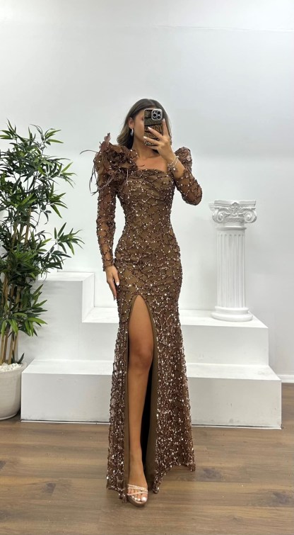 Square Neck Sequined Evening Dress