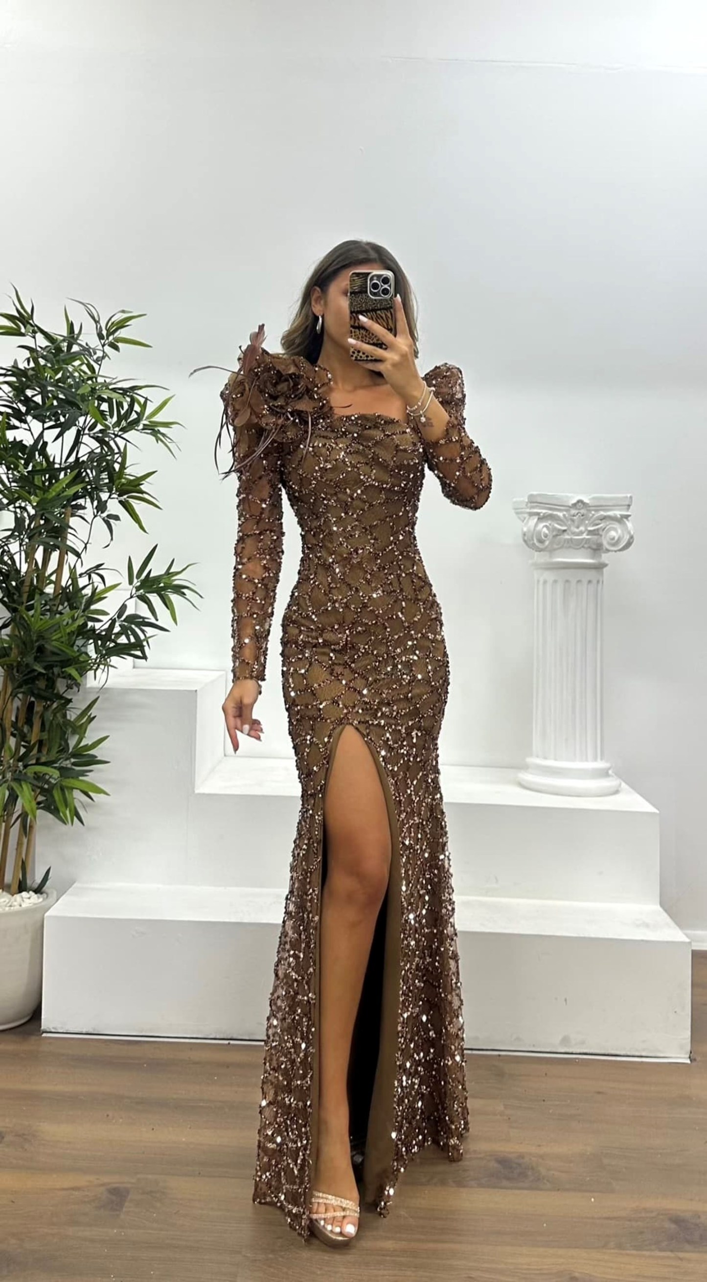 Square Neck Sequined Evening Dress