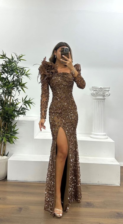 Square Neck Sequined Evening Dress