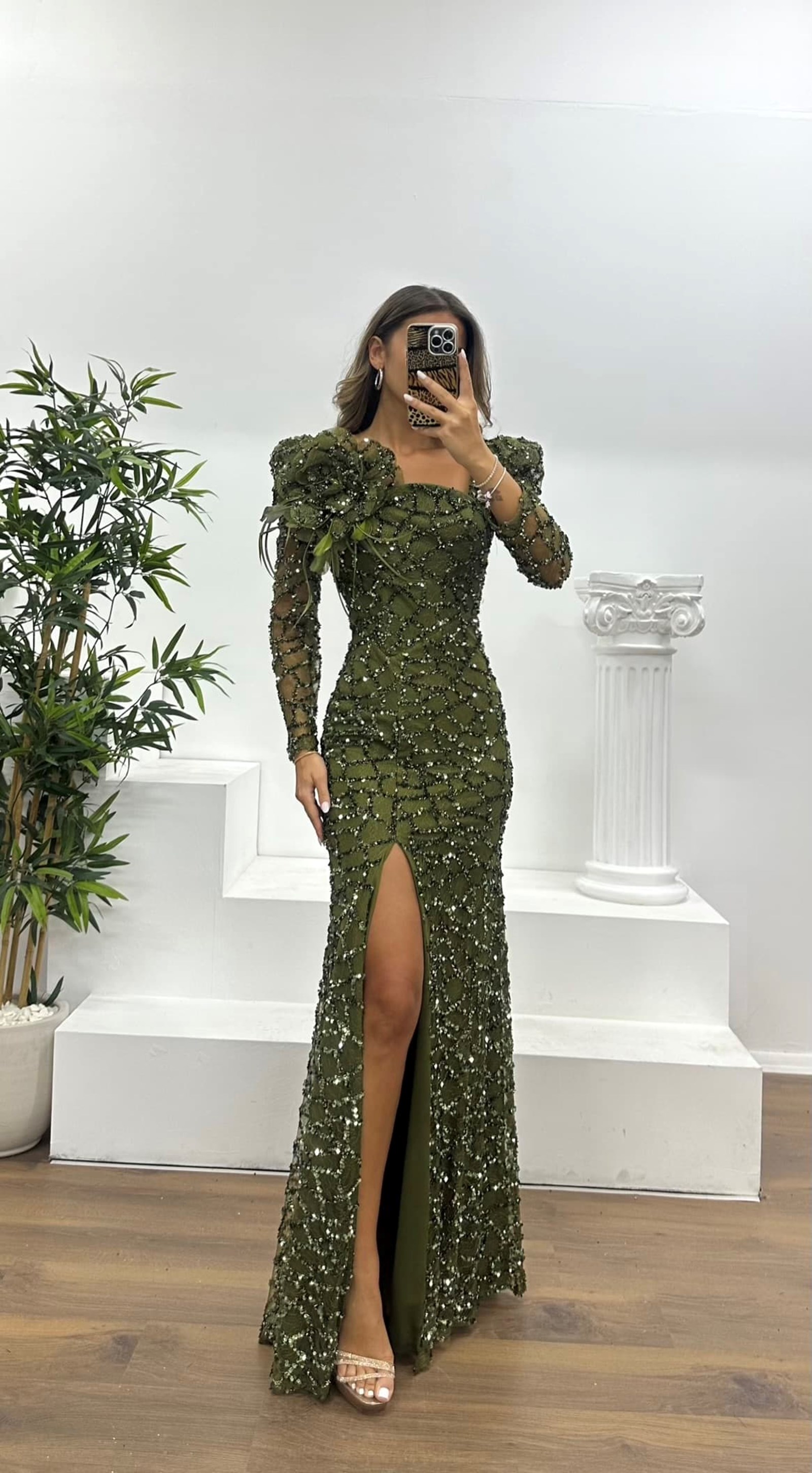 Square Neck Sequined Evening Dress