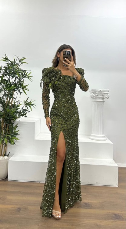 Square Neck Sequined Evening Dress