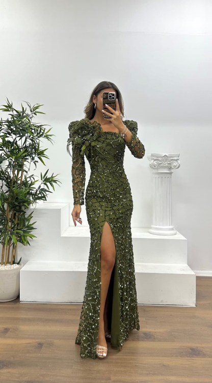 Square Neck Sequined Evening Dress