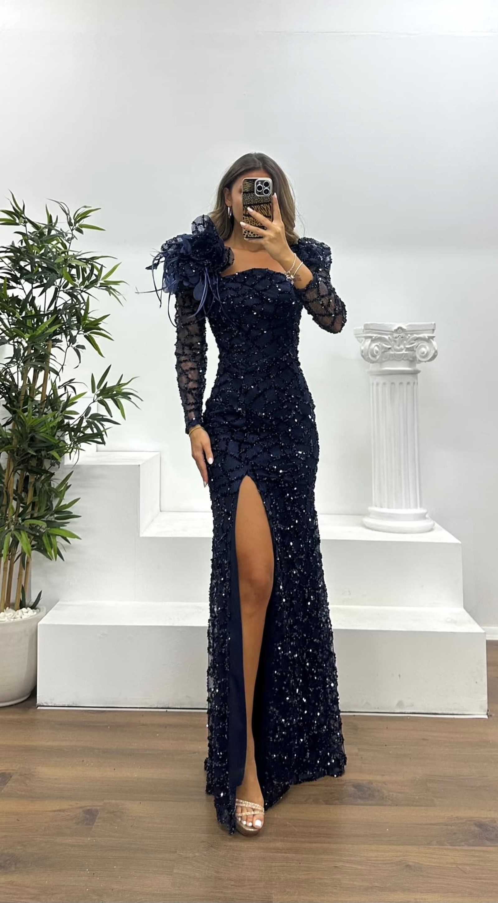 Square Neck Sequined Evening Dress
