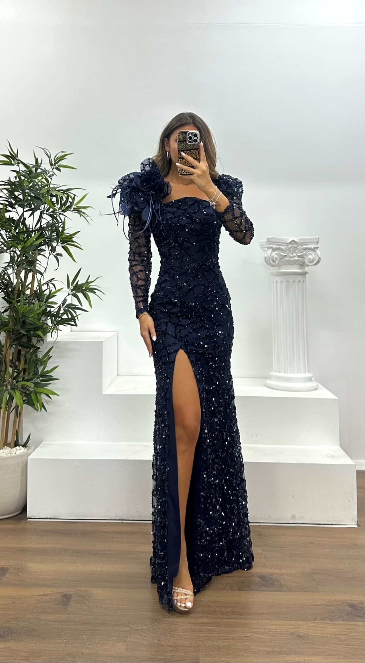 Square Neck Sequined Evening Dress