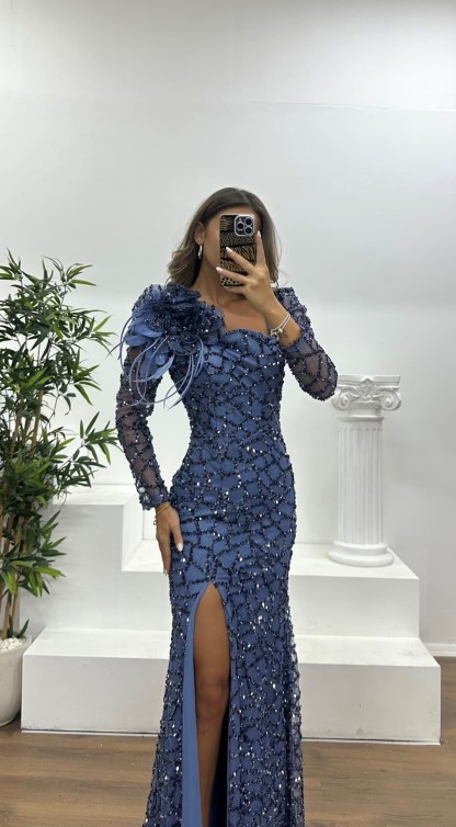 Square Neck Sequined Evening Dress