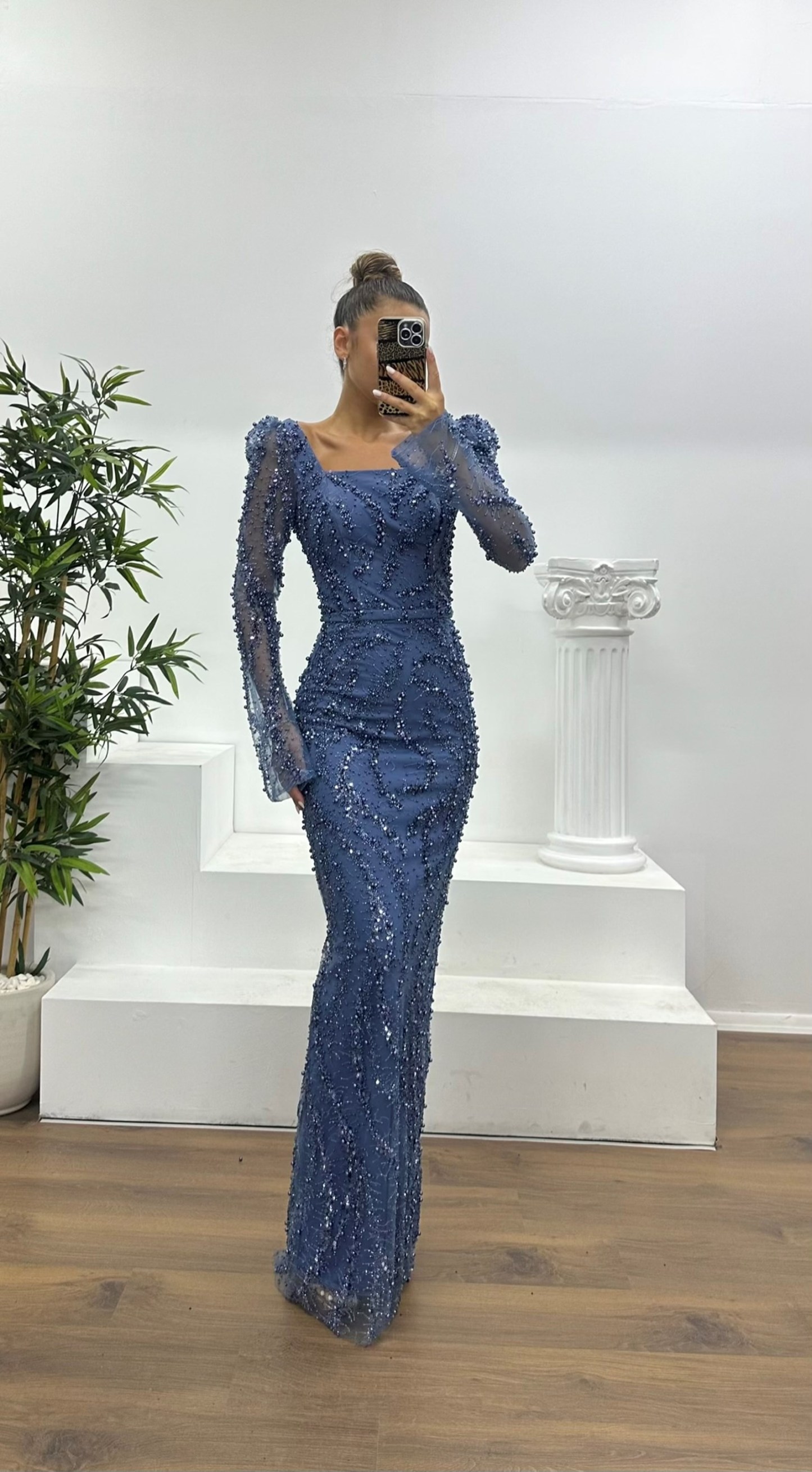 Square Neck Embroidered Evening Dress