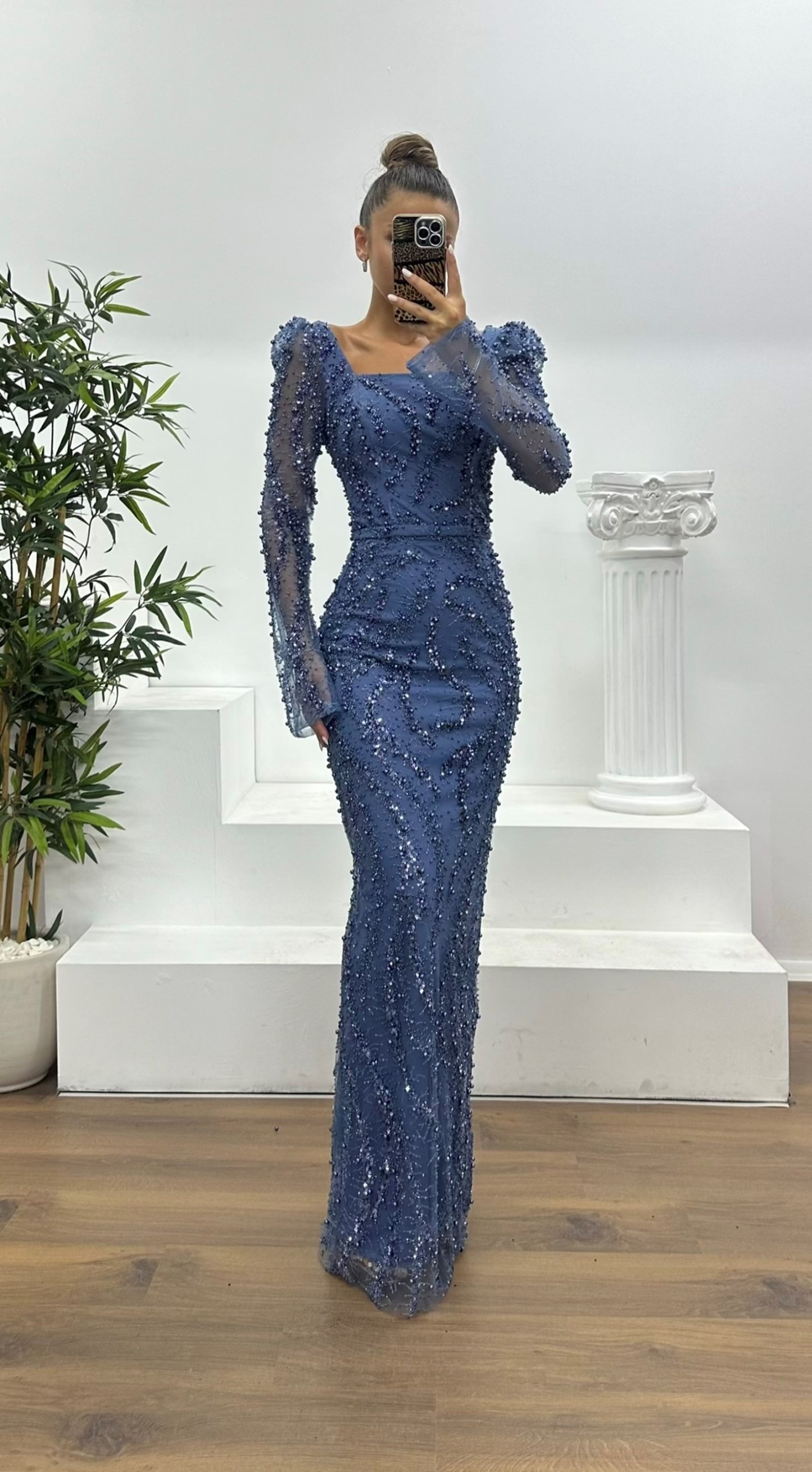 Square Neck Embroidered Evening Dress