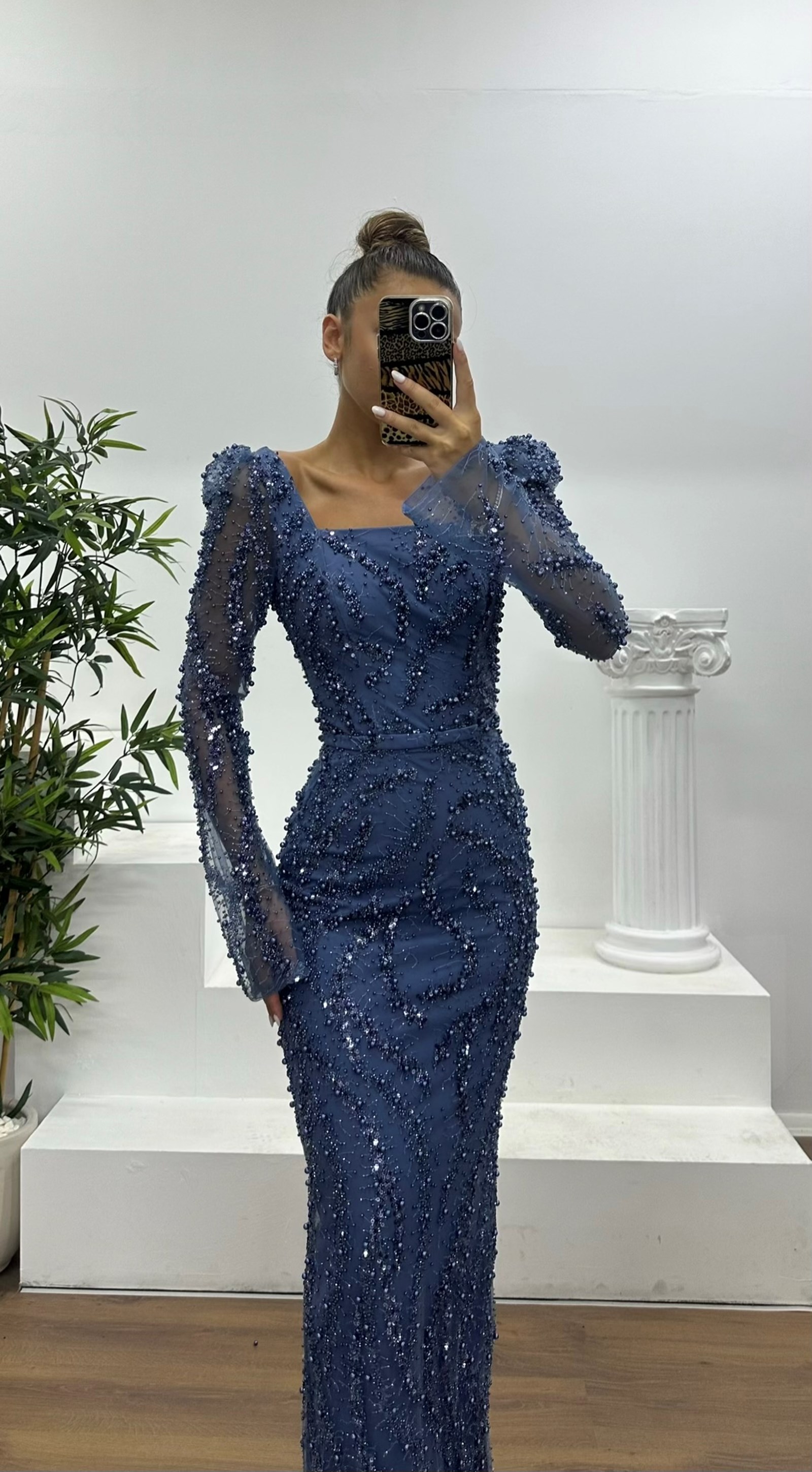 Square Neck Embroidered Evening Dress