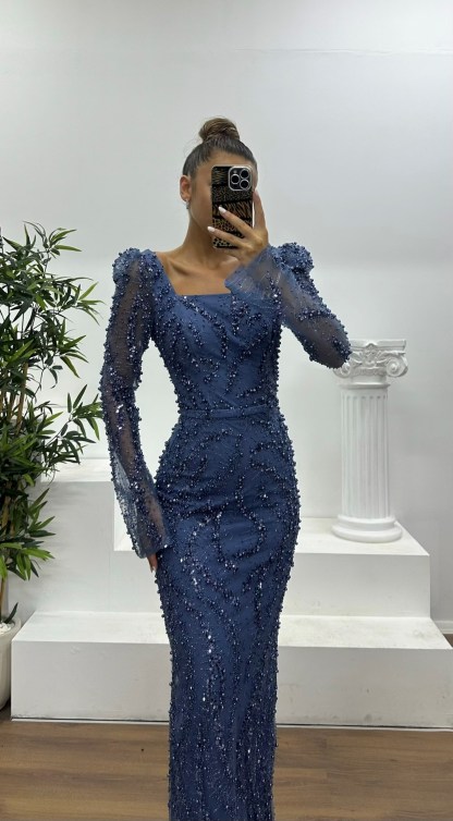 Square Neck Embroidered Evening Dress