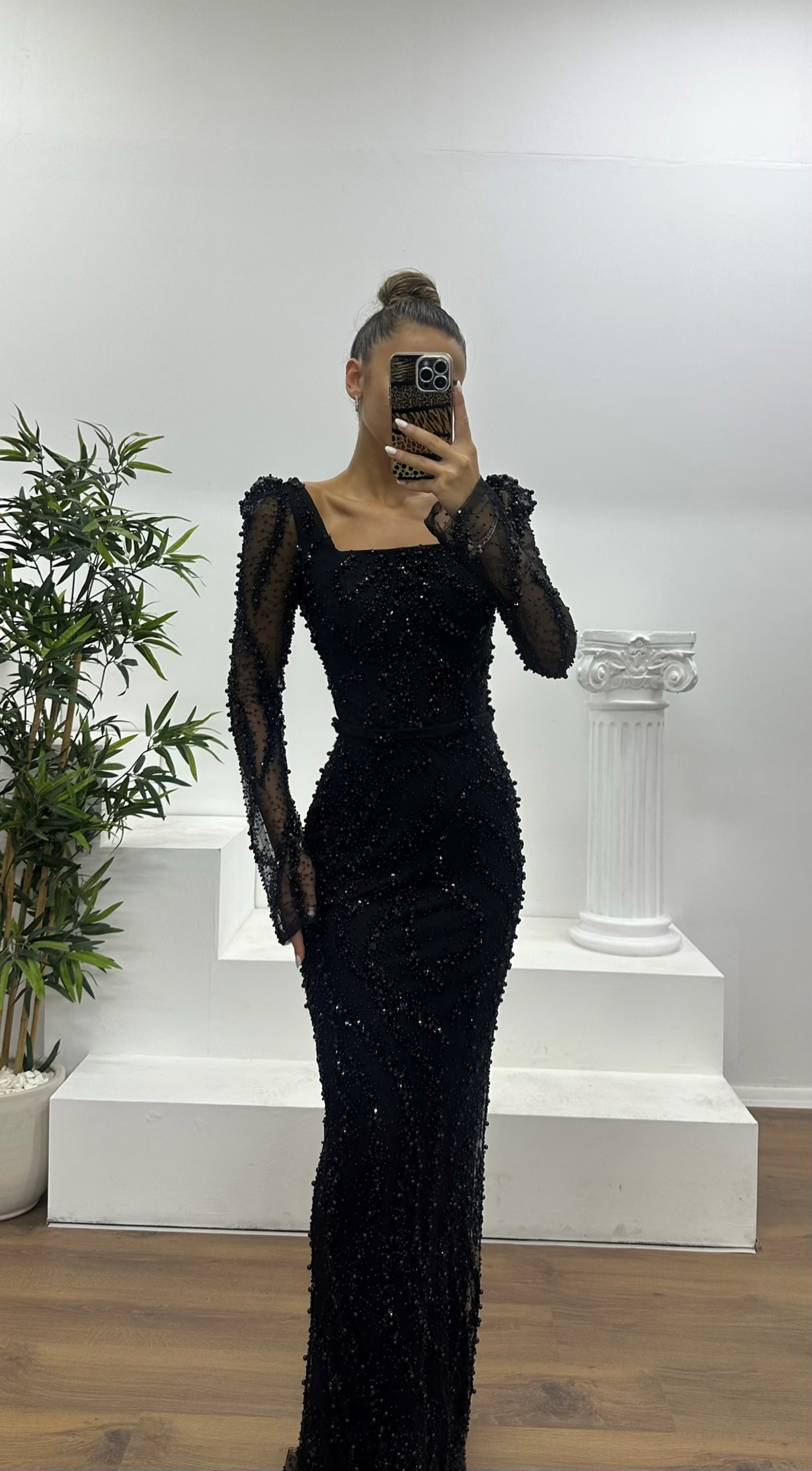 Square Neck Embroidered Evening Dress