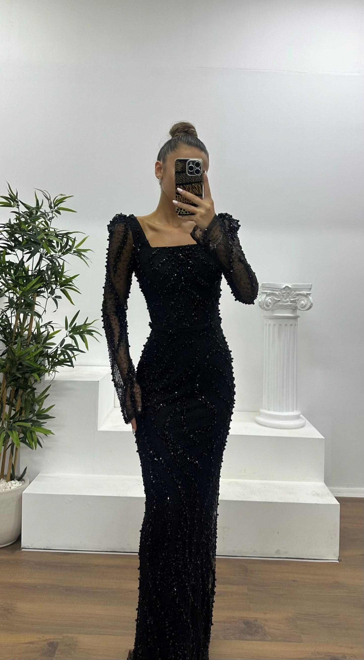 Square Neck Embroidered Evening Dress