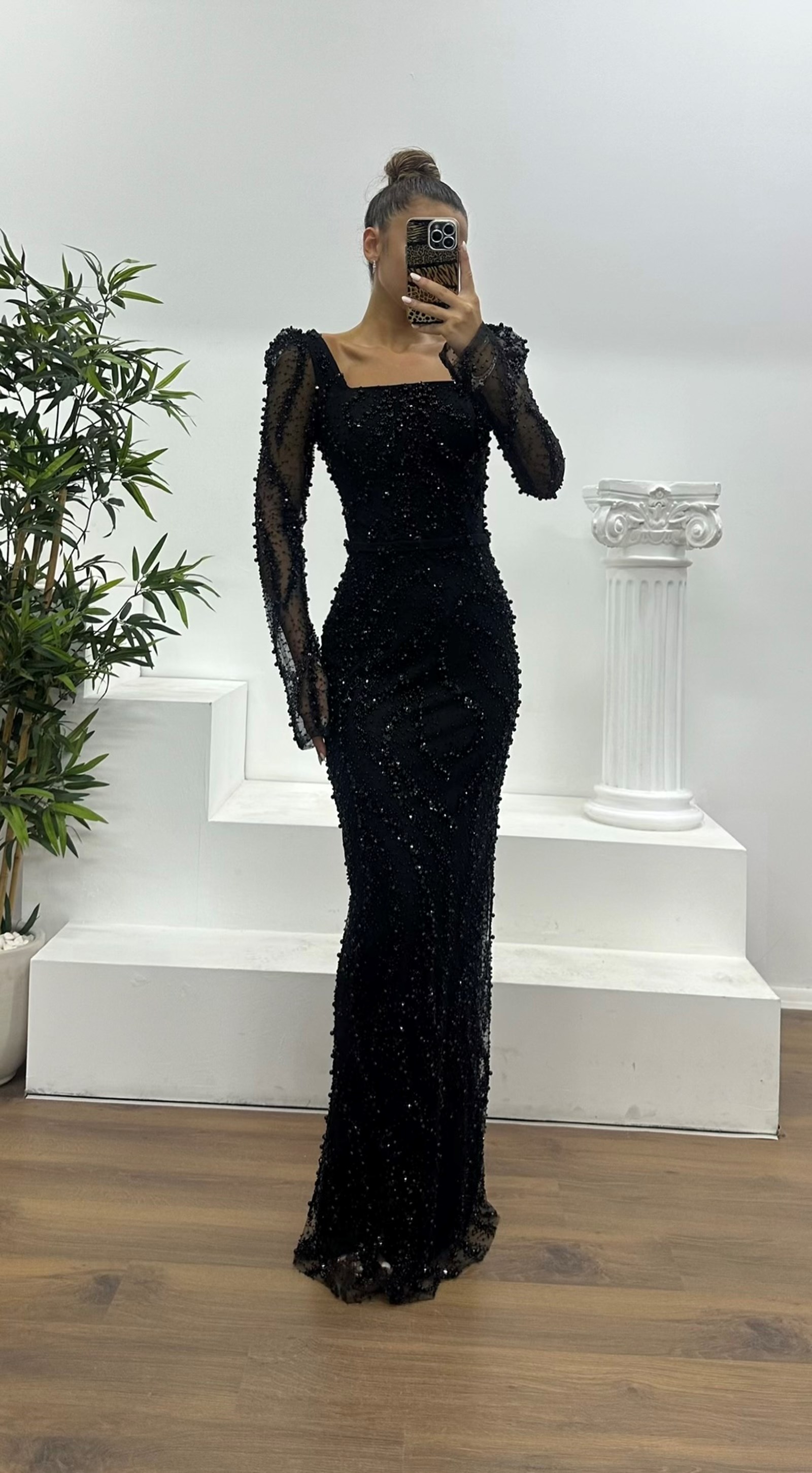 Square Neck Embroidered Evening Dress