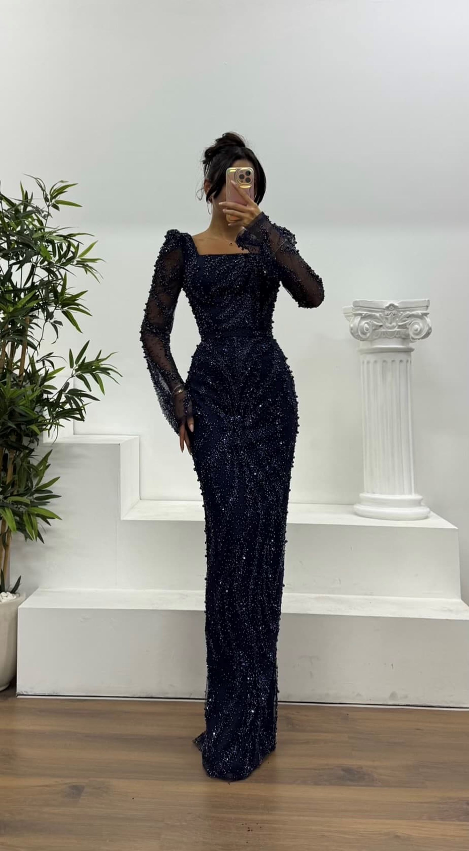 Square Neck Embroidered Evening Dress