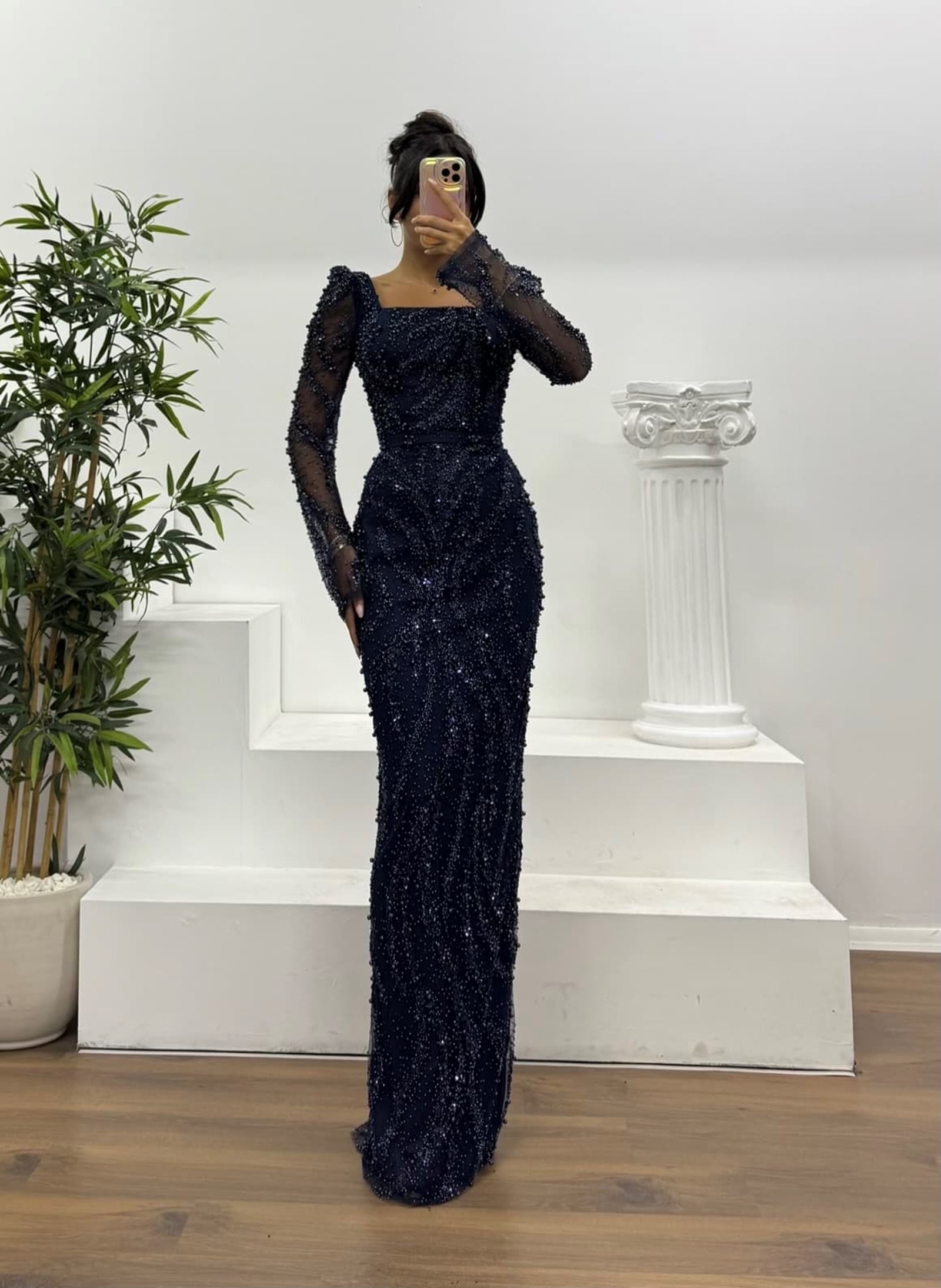 Square Neck Embroidered Evening Dress