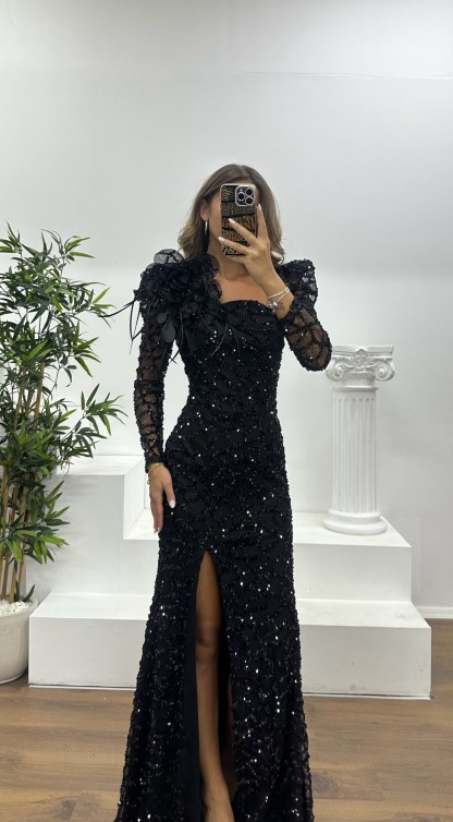 Square Neck Sequined Evening Dress