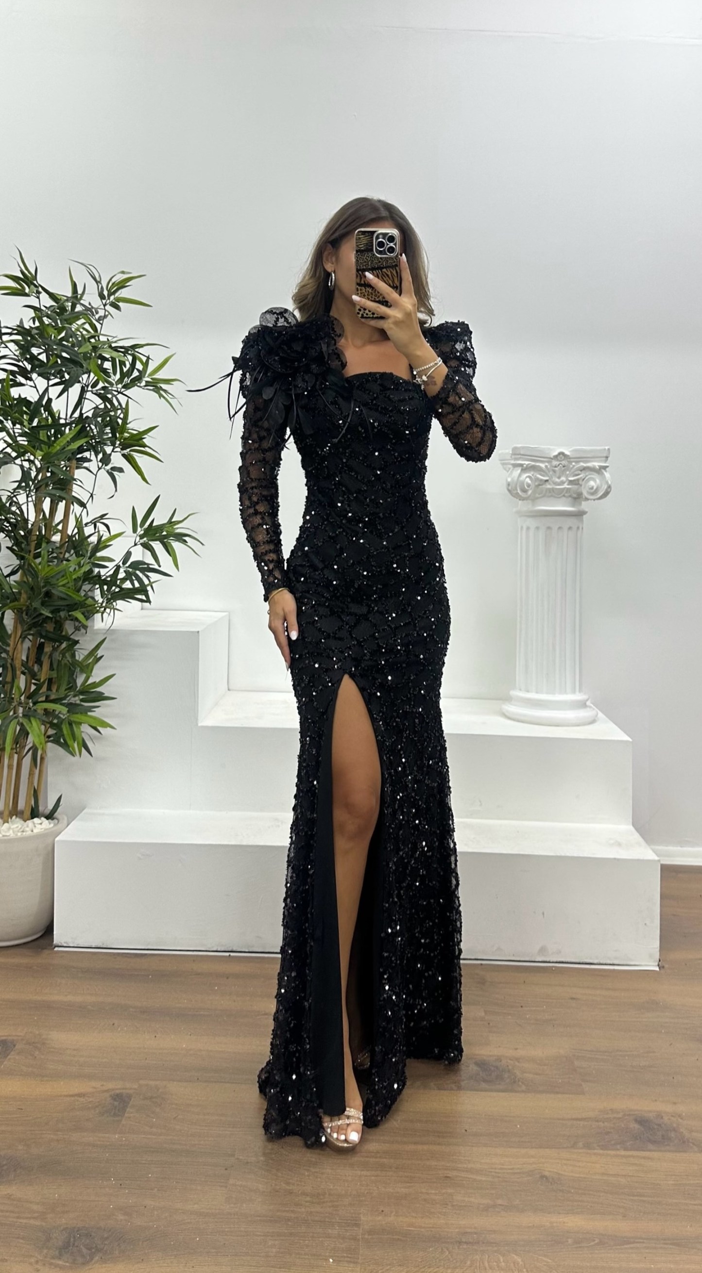 Square Neck Sequined Evening Dress
